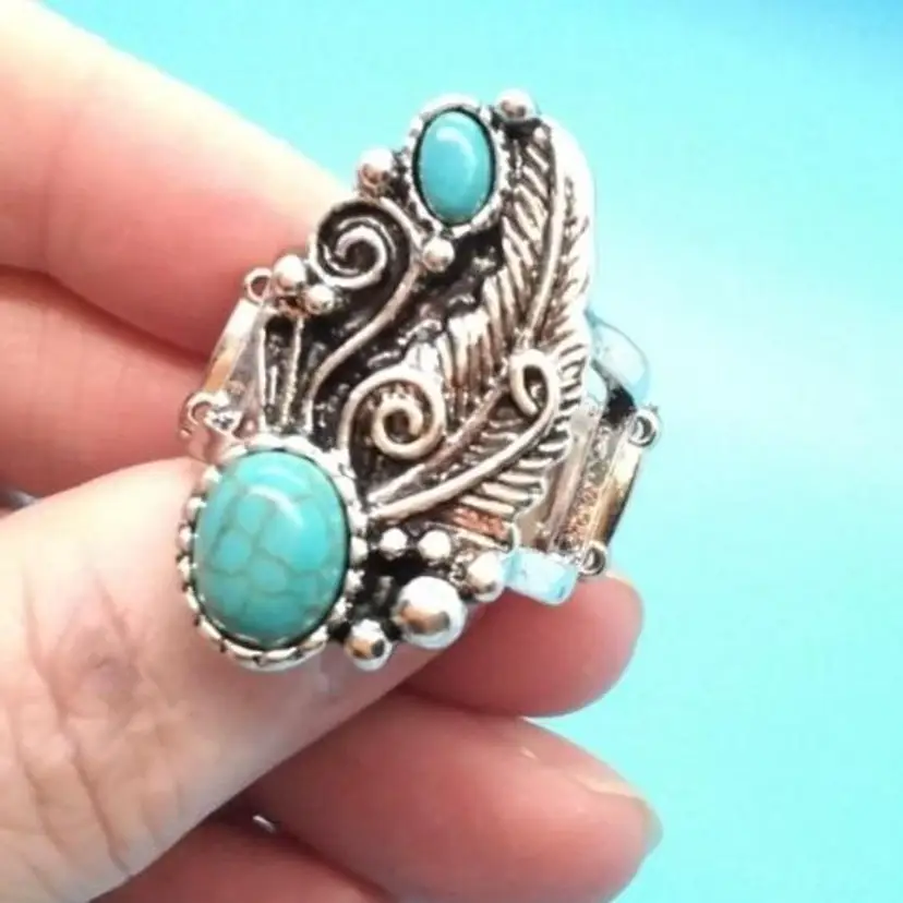 Vintage Turquoise Feather Linked Stretch Ring