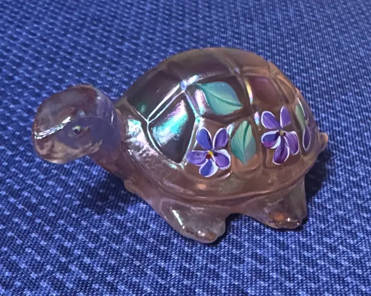 Fenton For Lenox Iridescent Pink Glass Turtle Hand Painted Violets S. Miller