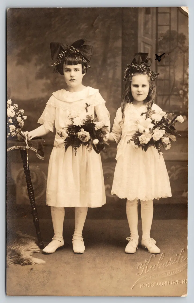 Postcard RPPC Young Girls Confirmation Real Photo Children Bible Rosary Beads -  9437