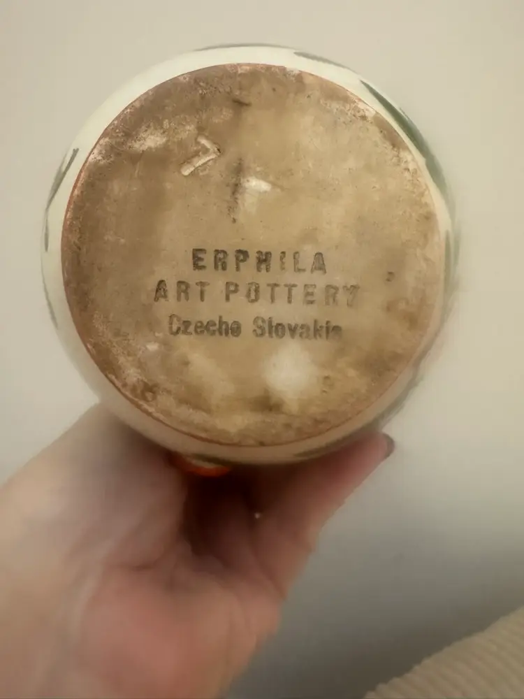 Vintage Hand Painted Erphila Art Pottery Pitcher Made In Czechoslovakia. Orange Poppy 6”