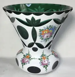 Bohemian Czech cased glass vase, cut to green, hand painted 5"