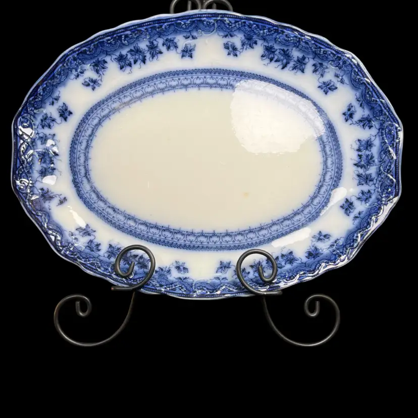 New Wharf Pottery-Burslem Staffordshire, England. Flow Blue "Monmouth" Pattern Semi-Porcelain 14" Wide Platter