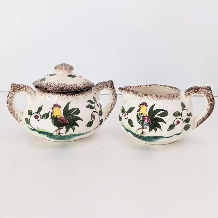 Vintage Mid Century Napco Japan Chicken Rooster Covered Sugar Dish and Creamer