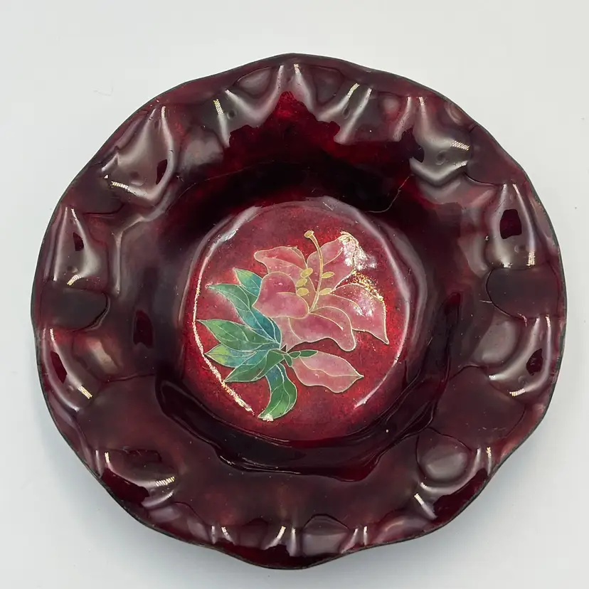 Vintage Enamel On Brass Trinket Bowl