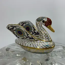 Cloisonné Swan Vintage Trinket Box Moving Wings 3”