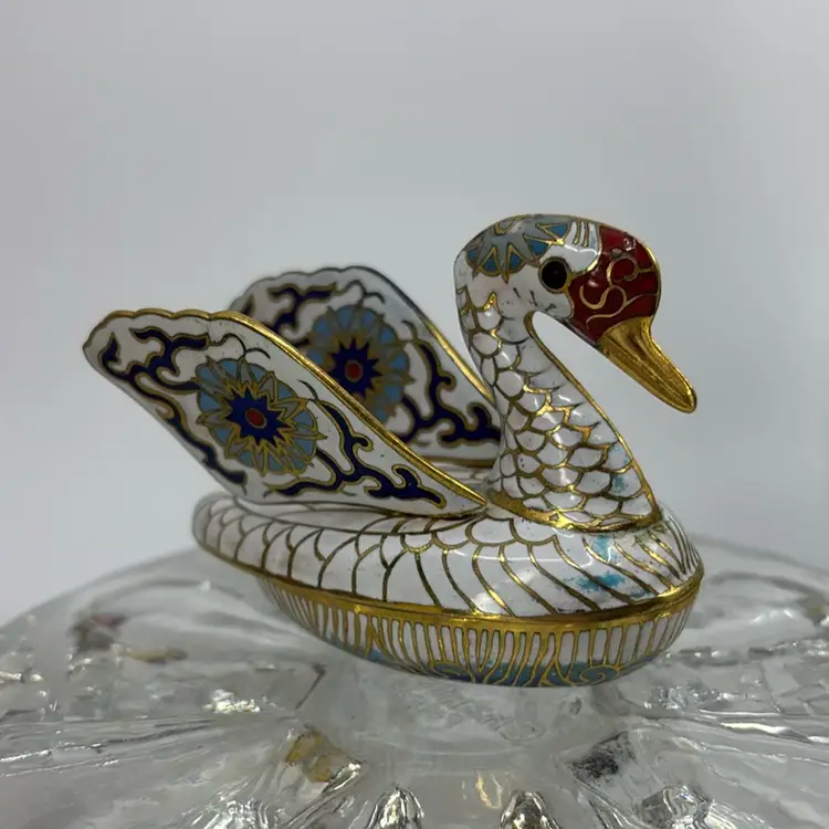 Cloisonné Swan Vintage Trinket Box Moving Wings 3”