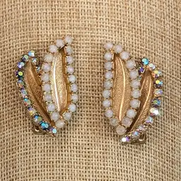 Vintage Gold Tone Relief Leaf Clip On Earrings with Moonstone & Aurora Borealis AB