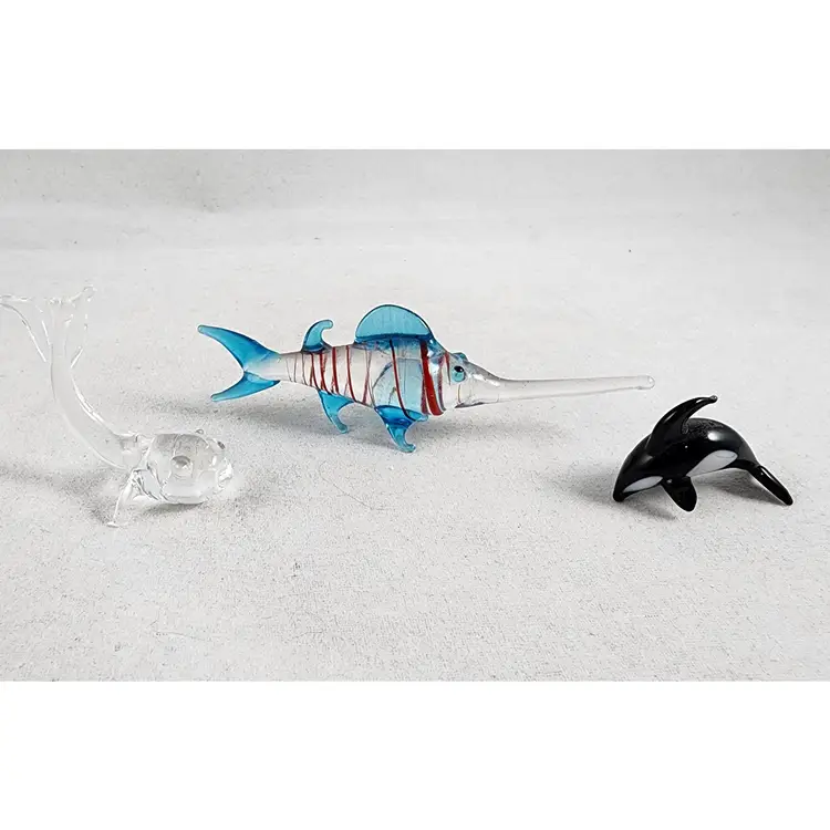 Lampwork Art Glass Sword Fish Whale Miniature Figurines - Set of 3