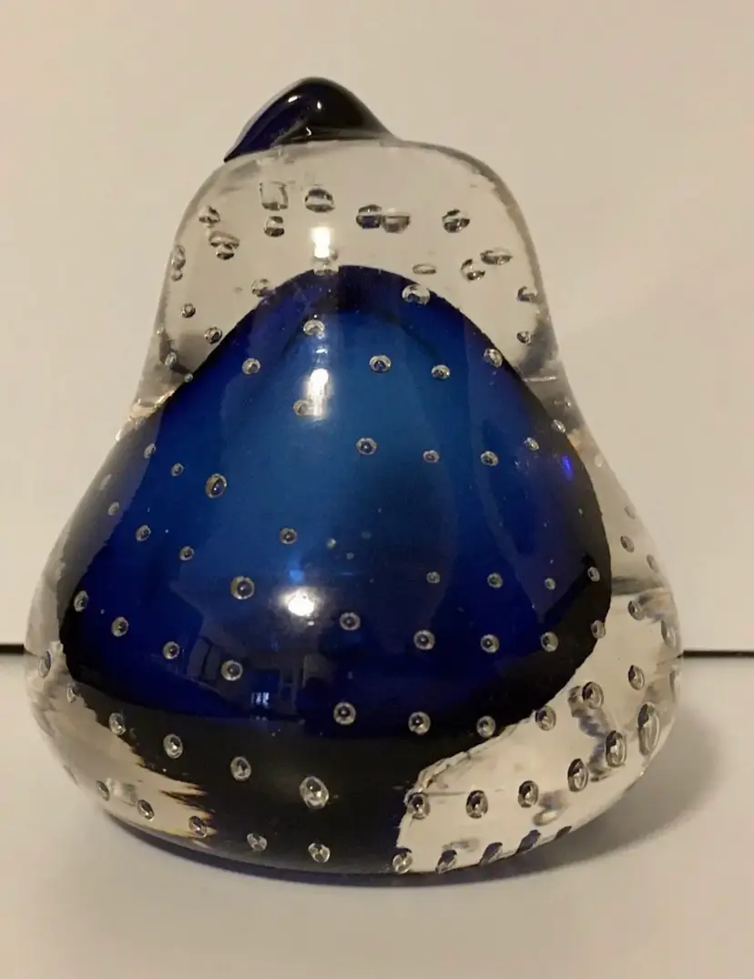 VTG Hand Blown Cobalt Blue Somerso Pear Bullicante Bubbles Art Glass Paperweight