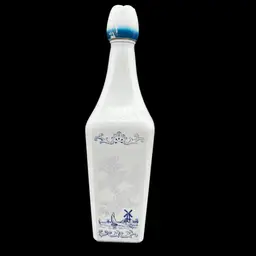 #244B Vintage Vandermint Minted Chocolate Liqueur Bottle. Empty.  Bottle is White with Blue Illustration Featuring Dutch Windmill and Countryside and has a Tulip Shaped Stopper/Lid Imported from Holland