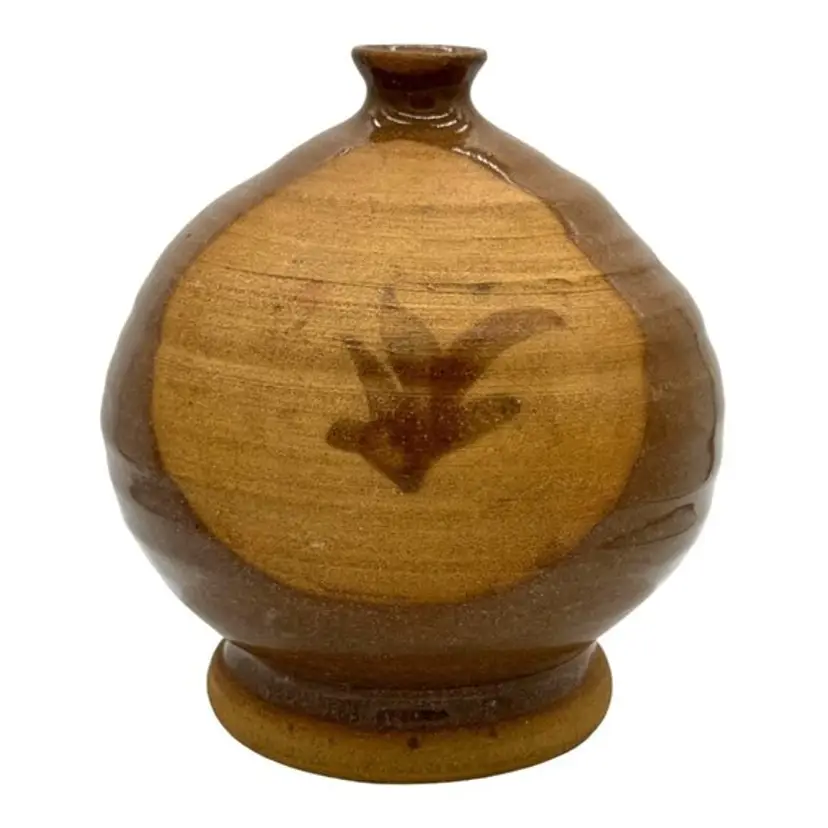 VINTAGE HAND THROWN BROWN GLAZED ROUND BUD VASE SIGNED R.N. 1991