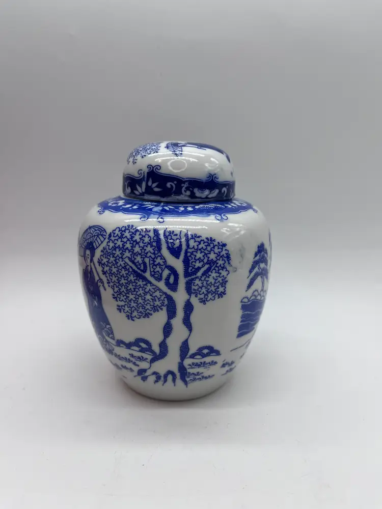Mid Century Japanese ISCO Porcelain Lidded Ginger Jar Geisha Garden