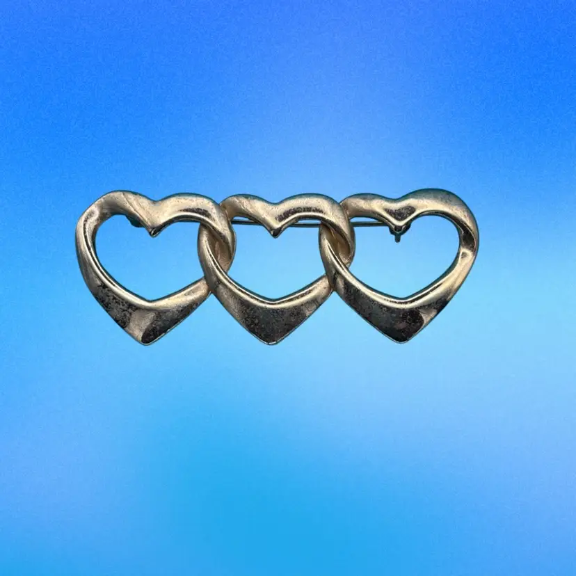 Vintage Gold Tone Triple Linked Hearts Brooch