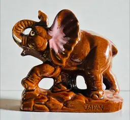 Vintage MCM Ceramic Red Clay Hand Painted Trunk Up Elephant Figurine - Made In Japan - 6” x 5” x 2” - VGVC