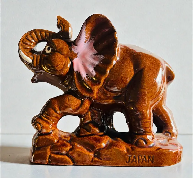 Vintage MCM Ceramic Red Clay Hand Painted Trunk Up Elephant Figurine - Made In Japan - 6” x 5” x 2” - VGVC