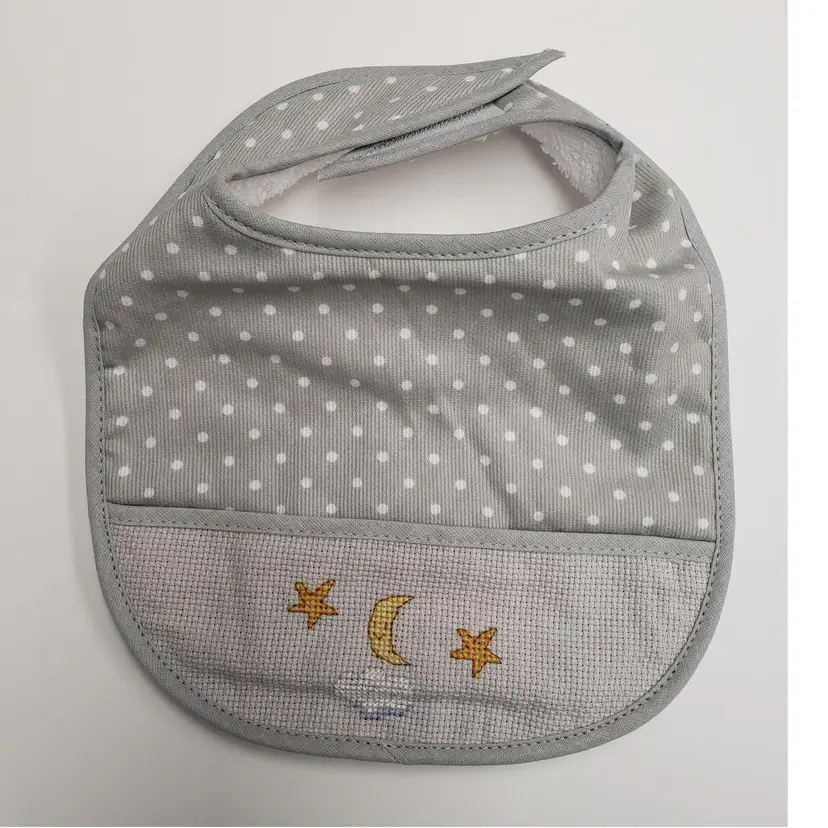 New Cross-stitched Baby Bib Gray With White Polka Dots Moon And Star Design