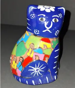 Hand Painted Mexican Cat Clay Folk Art Figurine