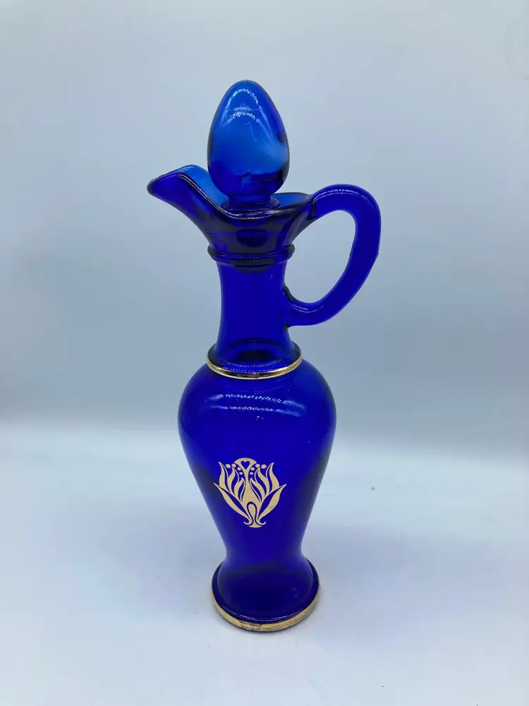 Avon Vintage Cobalt Blue Glass Vase Urn Gold Design and Trim 8", with Stopper