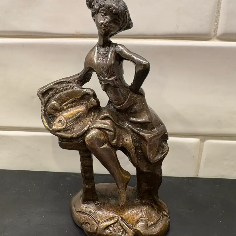 Art Deco Style Girl with Basket of Fish Patina Brass Charming Whimsical