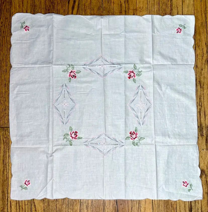 Small 32 Inch Square Vintage Hand Embroidered Floral Tablecloth Dainty Granny