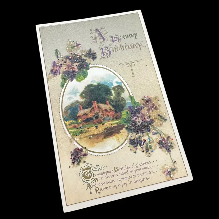 “A Happy Birthday” Multi Colored Glittered Warm Home Vignette Antique Postcard, Marked, Unposted