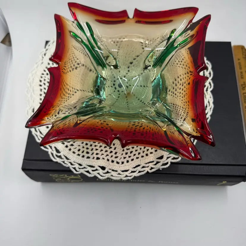 Vintage Murano Style art glass console bowl with red, amber, and green coloration.