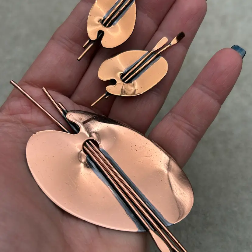 #01 Vintage Renoir Copper Artist Palette Brooch & Clip Earrings Demi Parure Signed 1950s