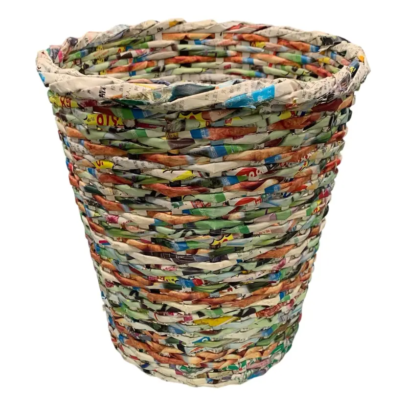 Vtg Hand Woven Recycled Magazine, Trashcan Basket. 12” Tall