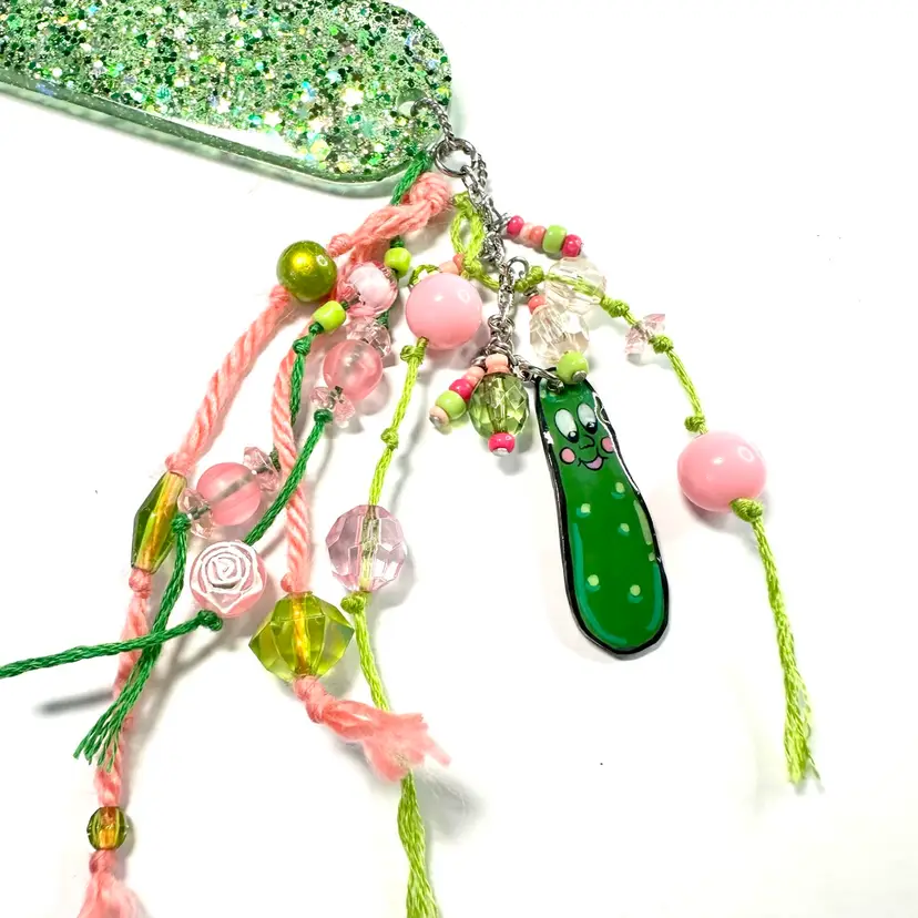 Pickle Pink Green Beaded Dangle Resin Bookmark Green Glitter 5” Plus Dangle Handmade