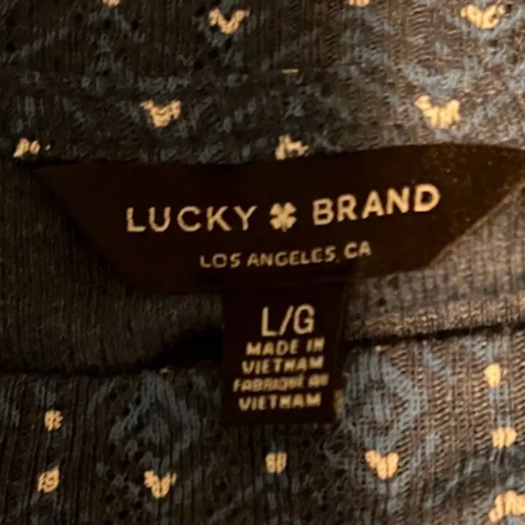 Lucky Brand Top L Blue White Hearts 3/4 Sleeves Round Neck Bohochic Casual