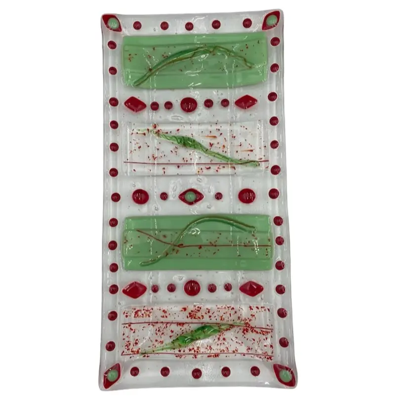Vintage Handmade Fused Glass Rectangular Holiday Serving Tray, 15" x 7.5"
