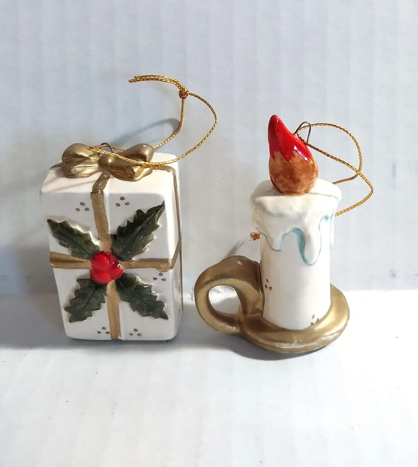 Set of 2, Vintage, 1950s, HTF, Porcelain Hand Painted Christmas Candle & Present Ornaments, Made In Japan