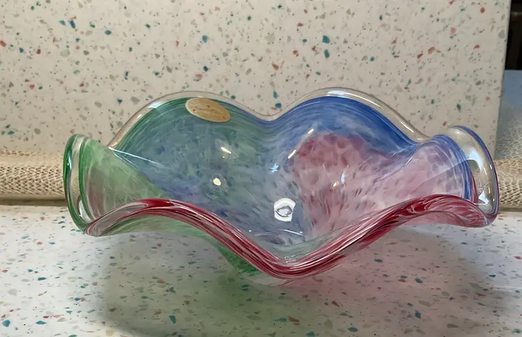 #01 Multicolored art glass bowl with sticker Murano style glassware: Made in Italy