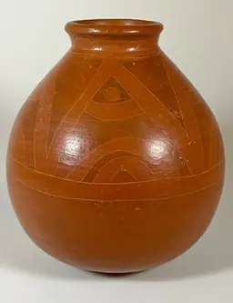 VTG Central American Vase Rust Hand Thrown Folk Art Etched Geometric Design 6"