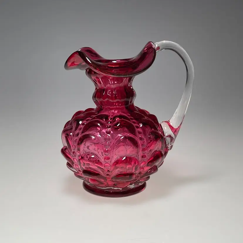Fenton Cranberry Pink Beaded Melon Drape Pitcher 4.5" Vintage 1980s