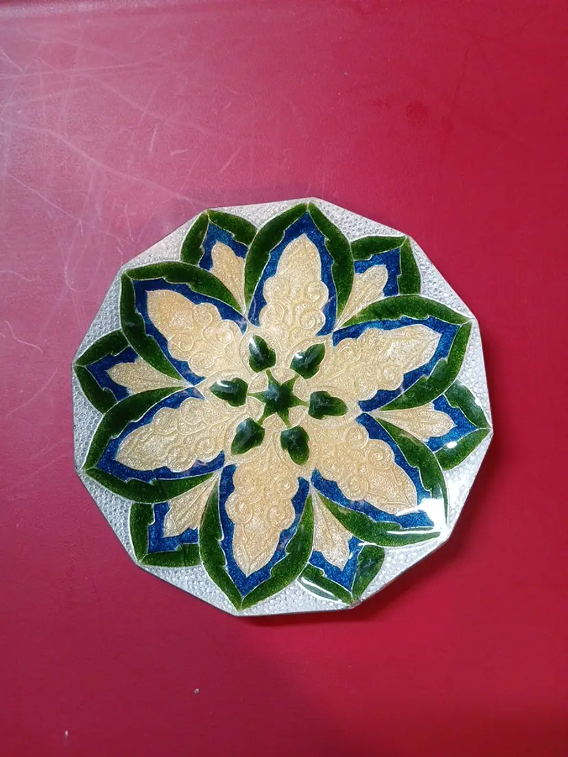 Vtg Ando? Cloisonne Enamel Metal green blue & Black Lotus flower small 4.5"