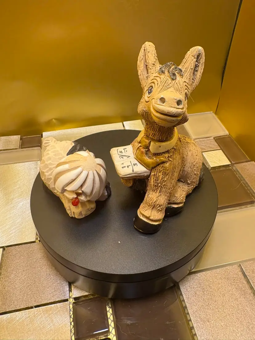 Vintage Pair Artesania Rinconada Donkey Burro w/ Math Teachr N Tie And The Little Sheep Dog Uruguay