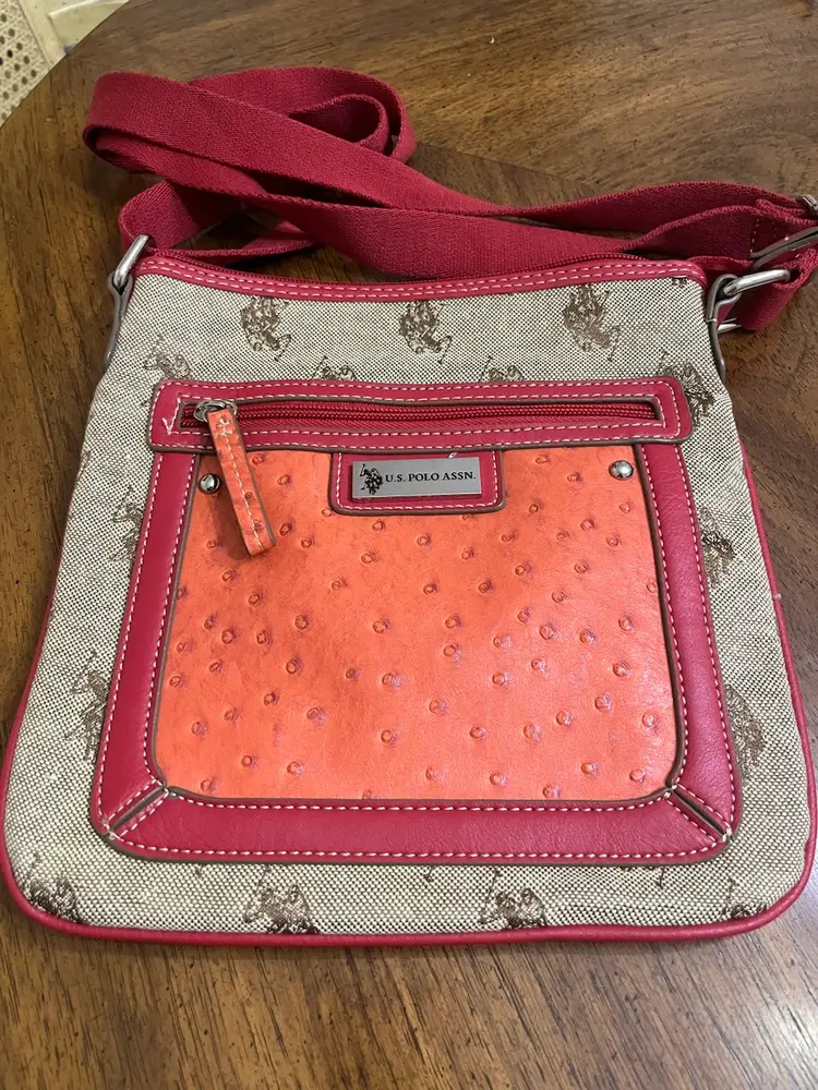 US Polo Association Vintage Crossbody Bag Purse Signature Logo Canvas Faux Orange Faux Ostrich Front Pocket