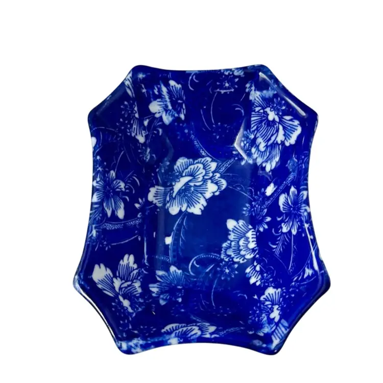 Vintage Blue Floral Decorative Bowl-Intricate White Flower Pattern-Octagonal-Ceramic-Trinket Dish
 5 -1/2” x 4 -3/8”.