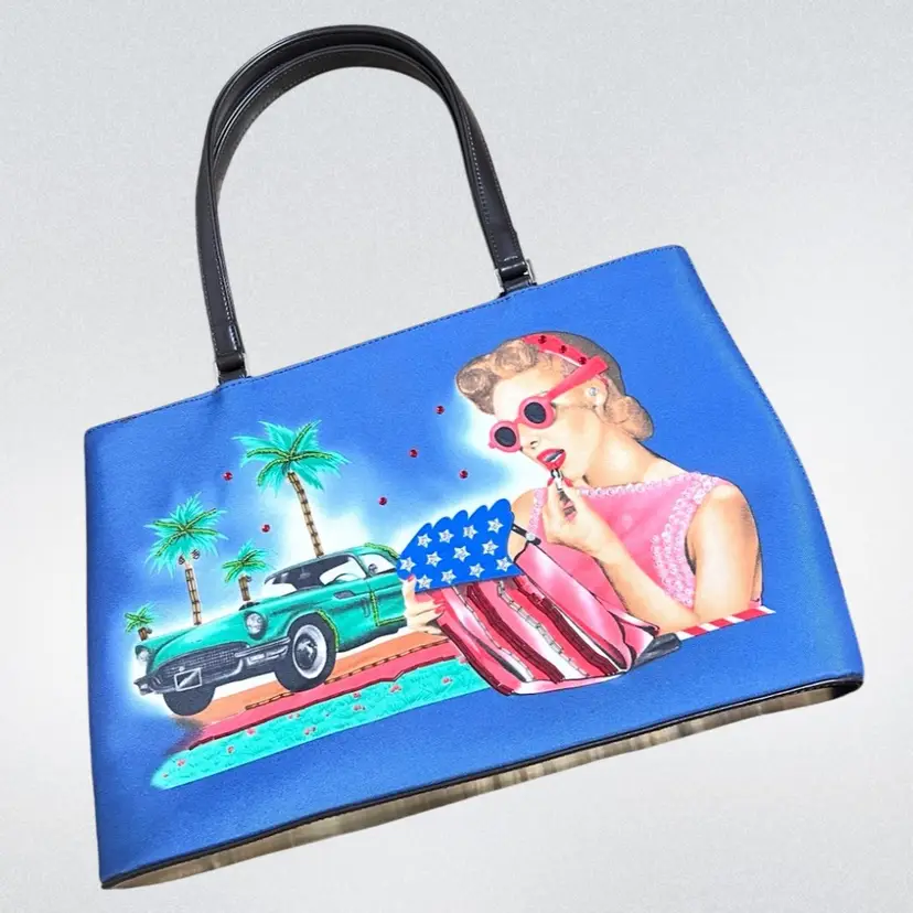 Blue Purse Shoulder Tote Bag With Retro 50's Vibes. Cool Florida American Graffiti Rock Classic Car Styling. One Side Fancy Beading As Accents.