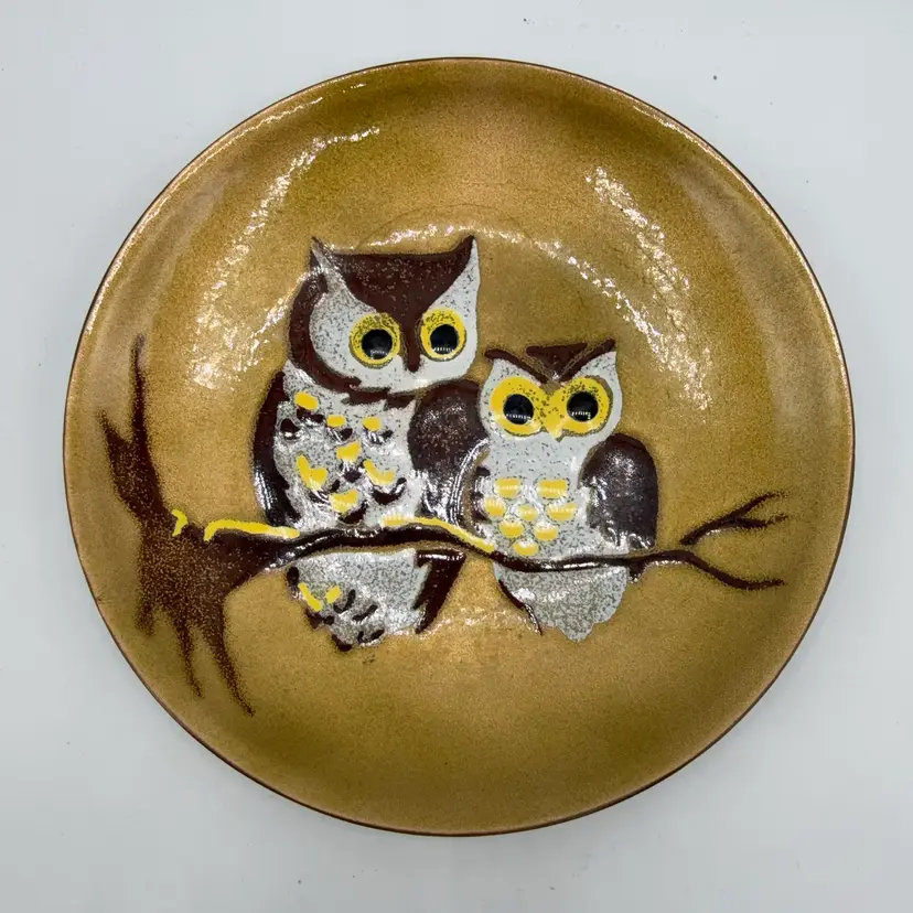 Bovano Of Cheshire CT Owls Enamel On Copper Plate