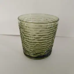 Anchor Hocking Soreno Avocado Green textured glass tumbler. 1966-70. 3.25 inches high.