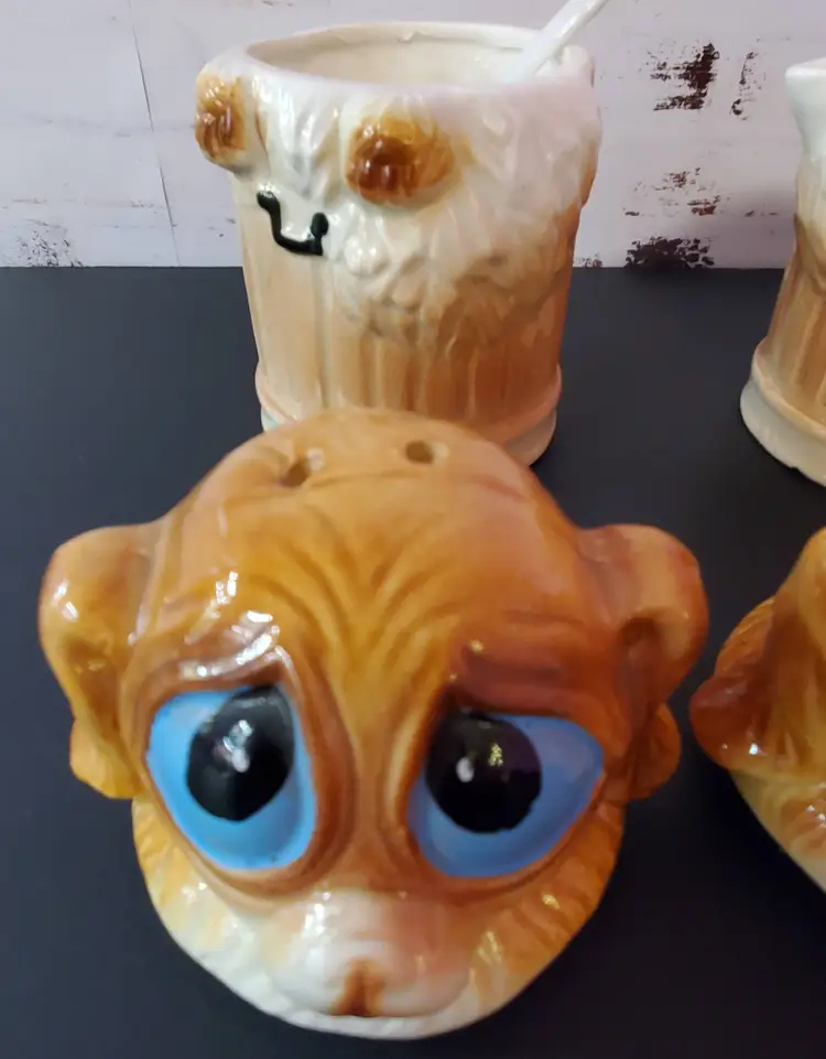 Vintage Sad Puppy Dog Stackable Salt & Pepper Shakers/Creamer and Sugar Bowl