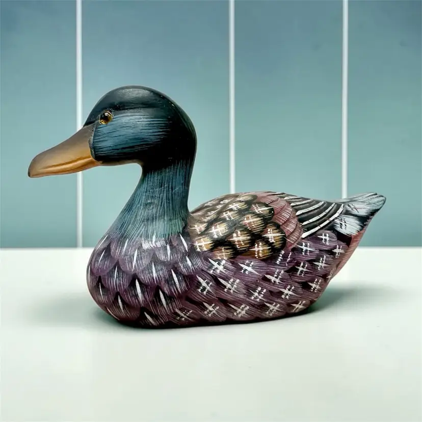 Vintage Small Hand-painted Folk Art Wood Duck Decoy People Republic Of China Tag