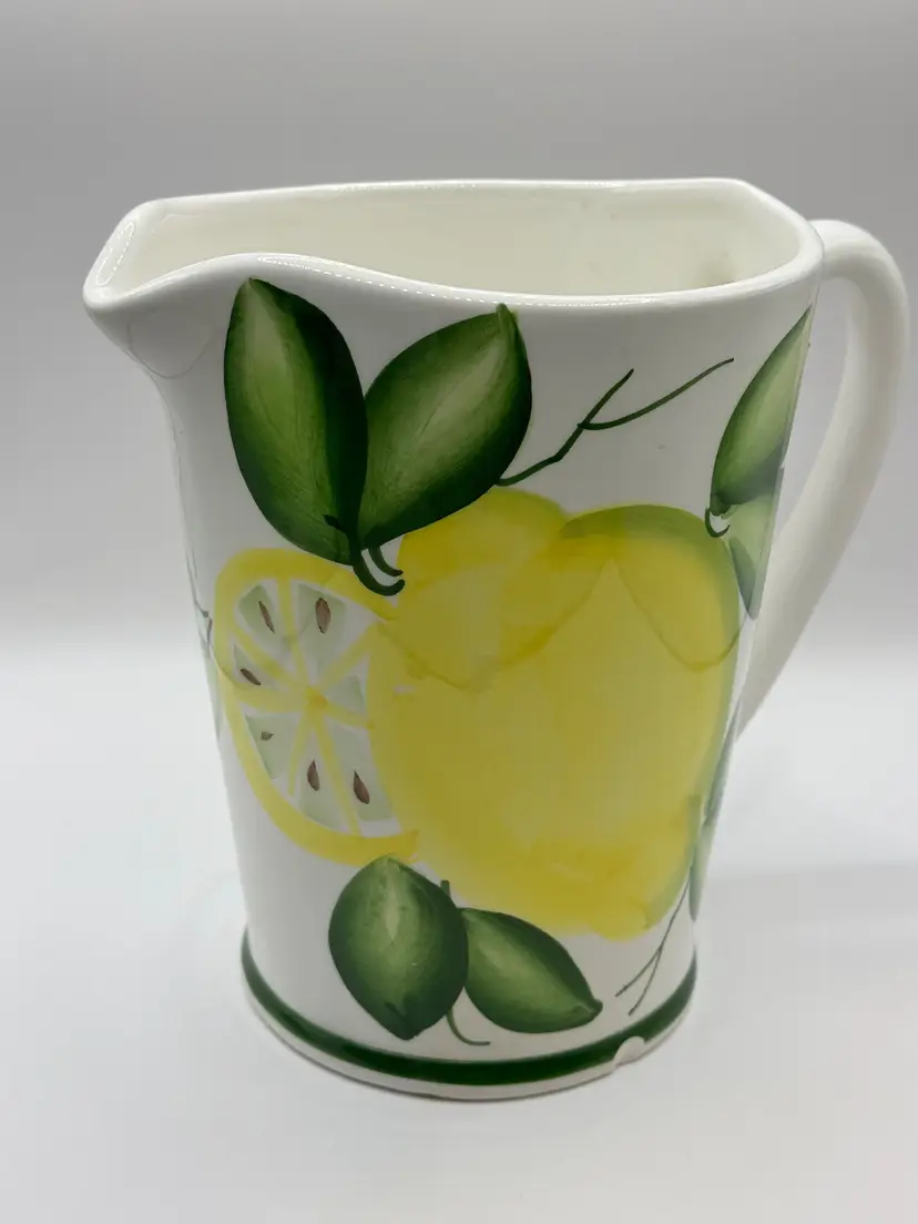Vintage Italian Hand Painted Citrus Lemon Design Pitcher, Refreshing Summer Kitchen Decor, Ceramic, By Pizzato, Made In Italy