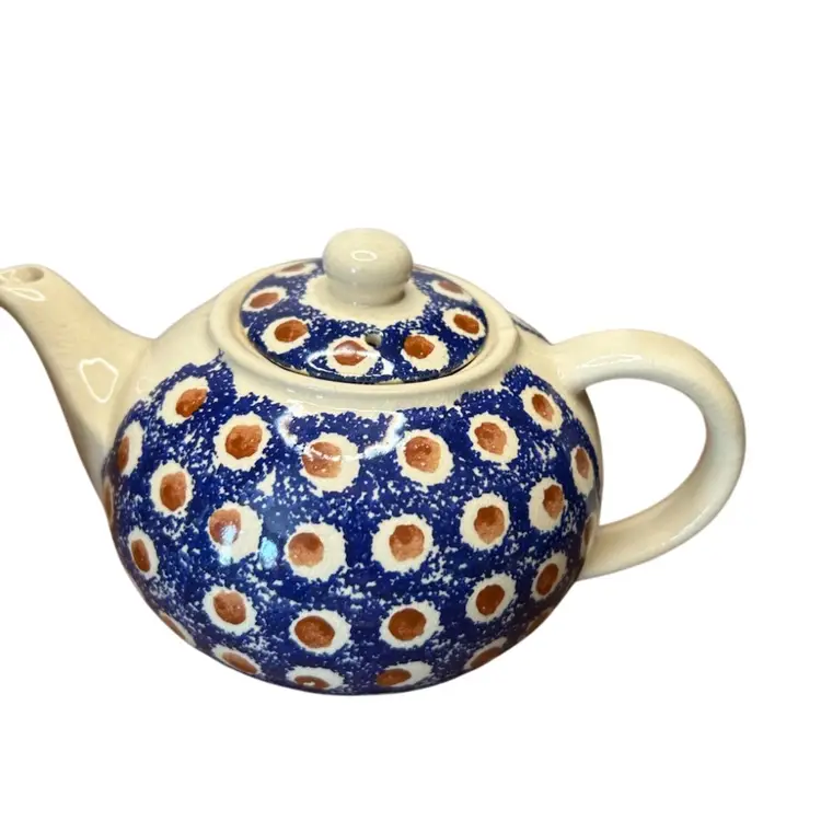 Vintage Boleslawiec Polish Potter Teapot And Cup With Factory Stamp On Lid 
Teapot 4” Cup 3 1/4”