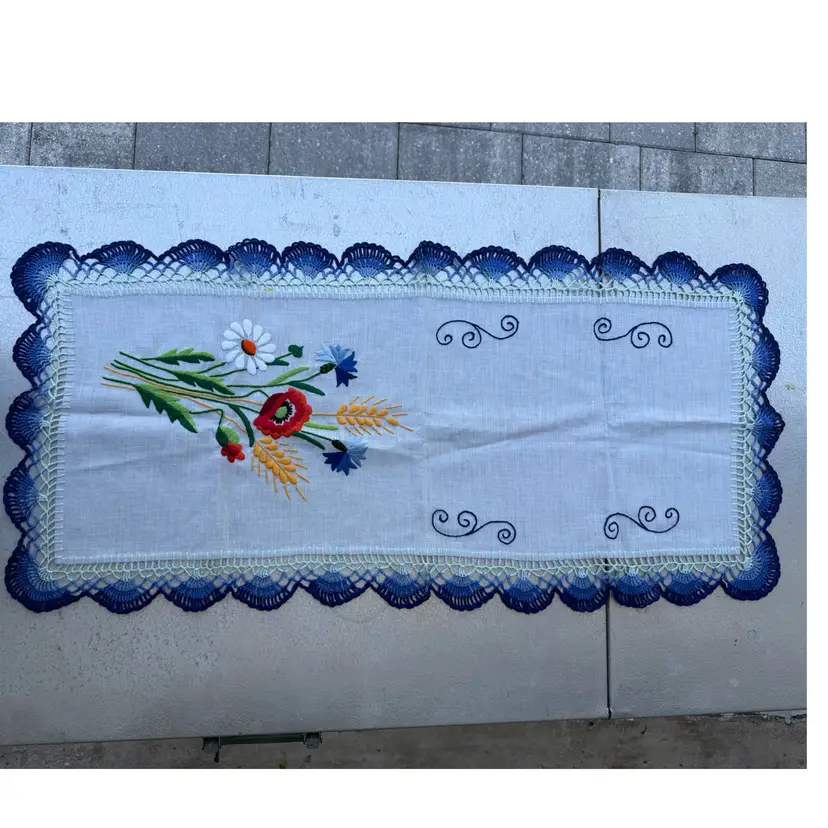 Vintage Hand Embroidered Florals W Crocheted Blue Scalloped Edge Table Runner 34”