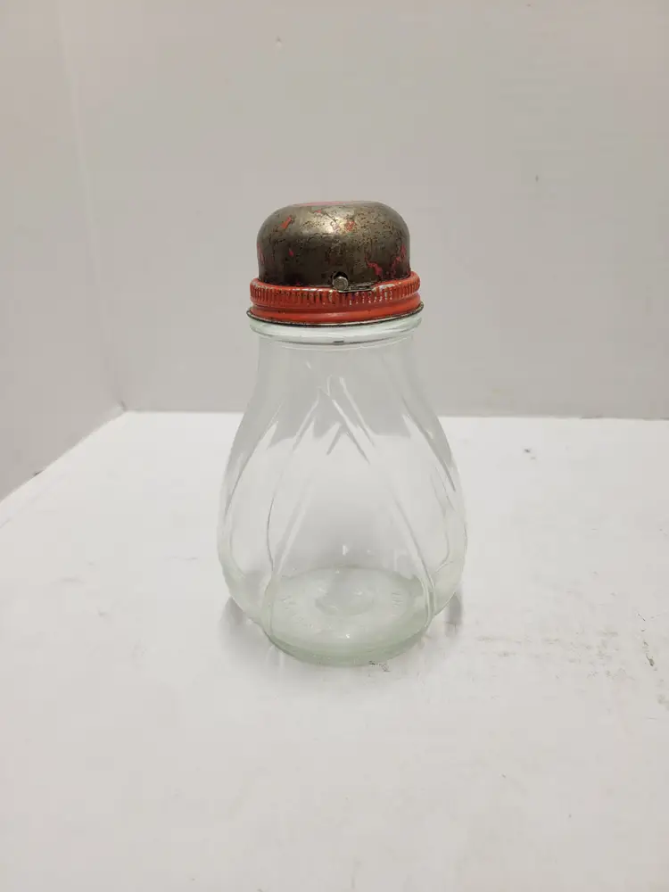 Vintage Key Turn Glass Nut Spice Grinder w/ Red metal lid  6" Food Mill