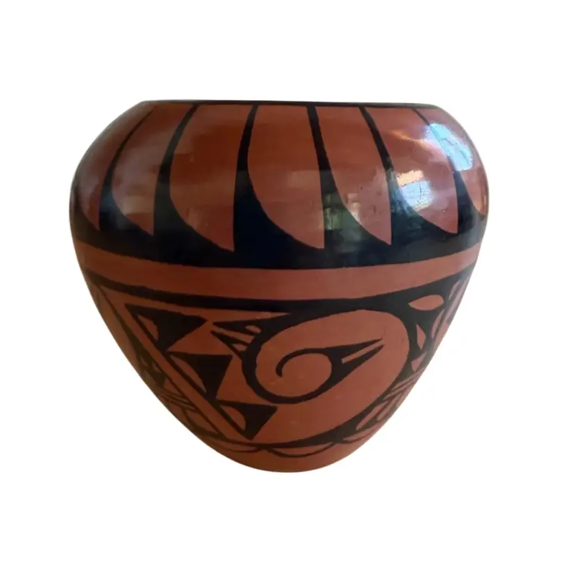 Jemez Pottery M. Waq (Waquie) Pueblo NM Red Ware Feather Pot