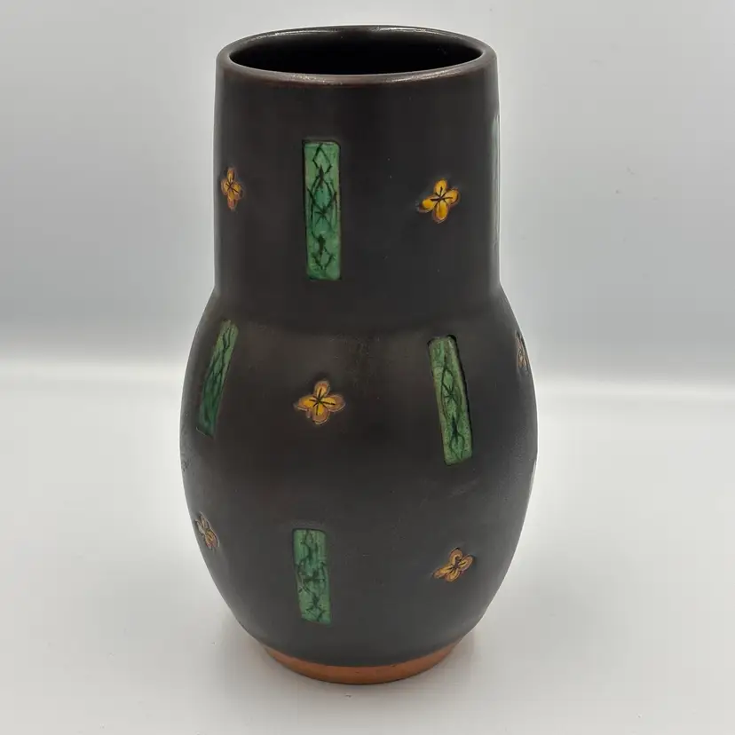 MCM Asian Pottery Vase with Flower & Panel Detail 8.25”
